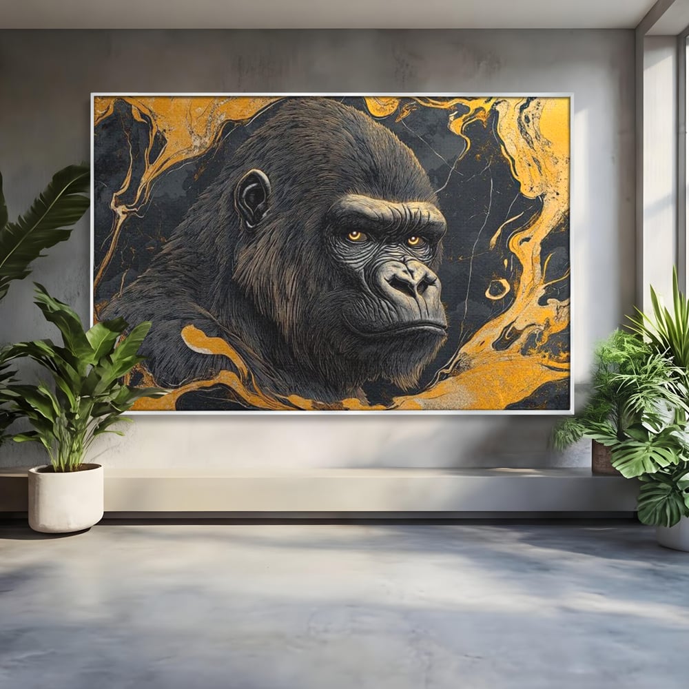 Tablou canvas cu tablou canvas cu gorila si detalii aurii, in rama de aluminiu argintiu